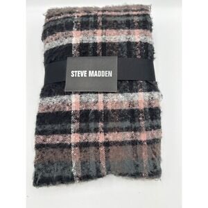 Steve Madden Plaid Scarf Black Pink Grey Oversized Brushed Knit Winter Wrap